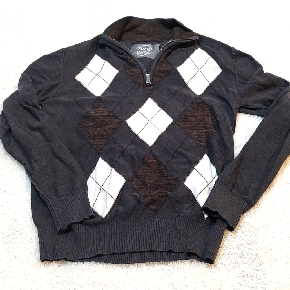 Men's L Sweater Standard Fit Argyle Pattern Dark Gray Cream Brown